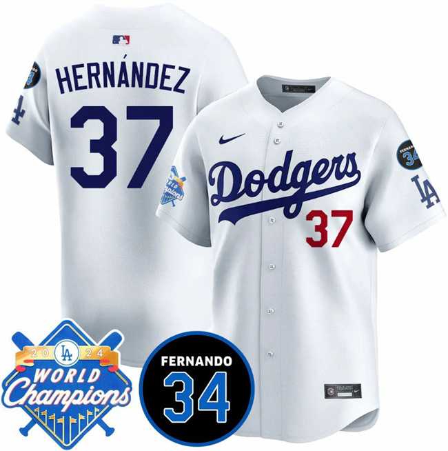 Mens Los Angeles Dodgers #37 Teoscar Hernandez White 2024 World Champions & Fernando Memorial Patch Vapor Premier Home Limited Stitched Jersey Dzhi